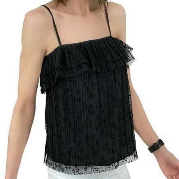 J.Crew Fluttery Lace Cami Sz XS $88 Black Tulle Mesh Top Ruffled Tank - Picture 2 of 7